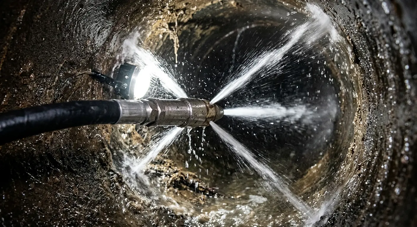 High-pressure hydro jetting nozzle cleaning sewer pipe for Sewer Cleanout in East Longmeadow