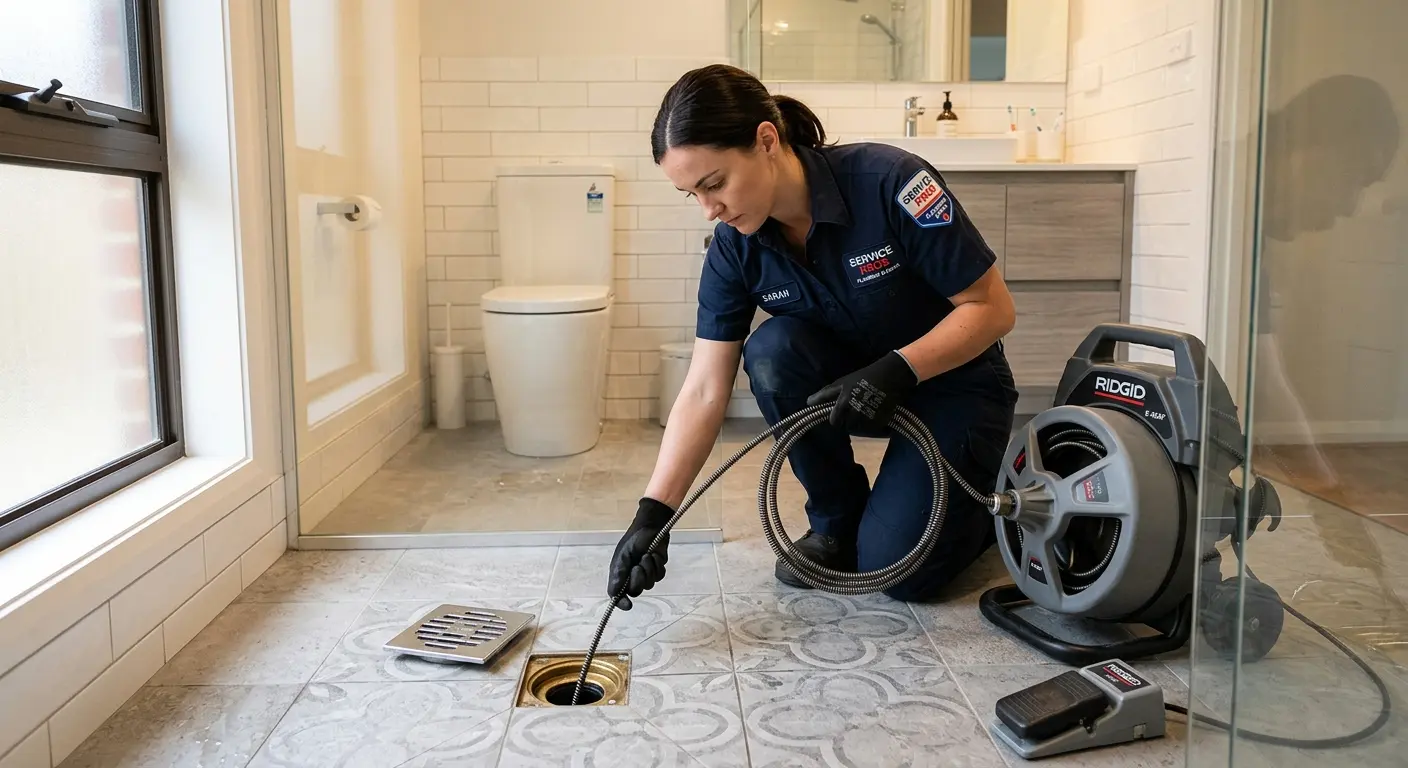 Technician clearing a bathroom floor drain for Sewer Line Installation in East Longmeadow